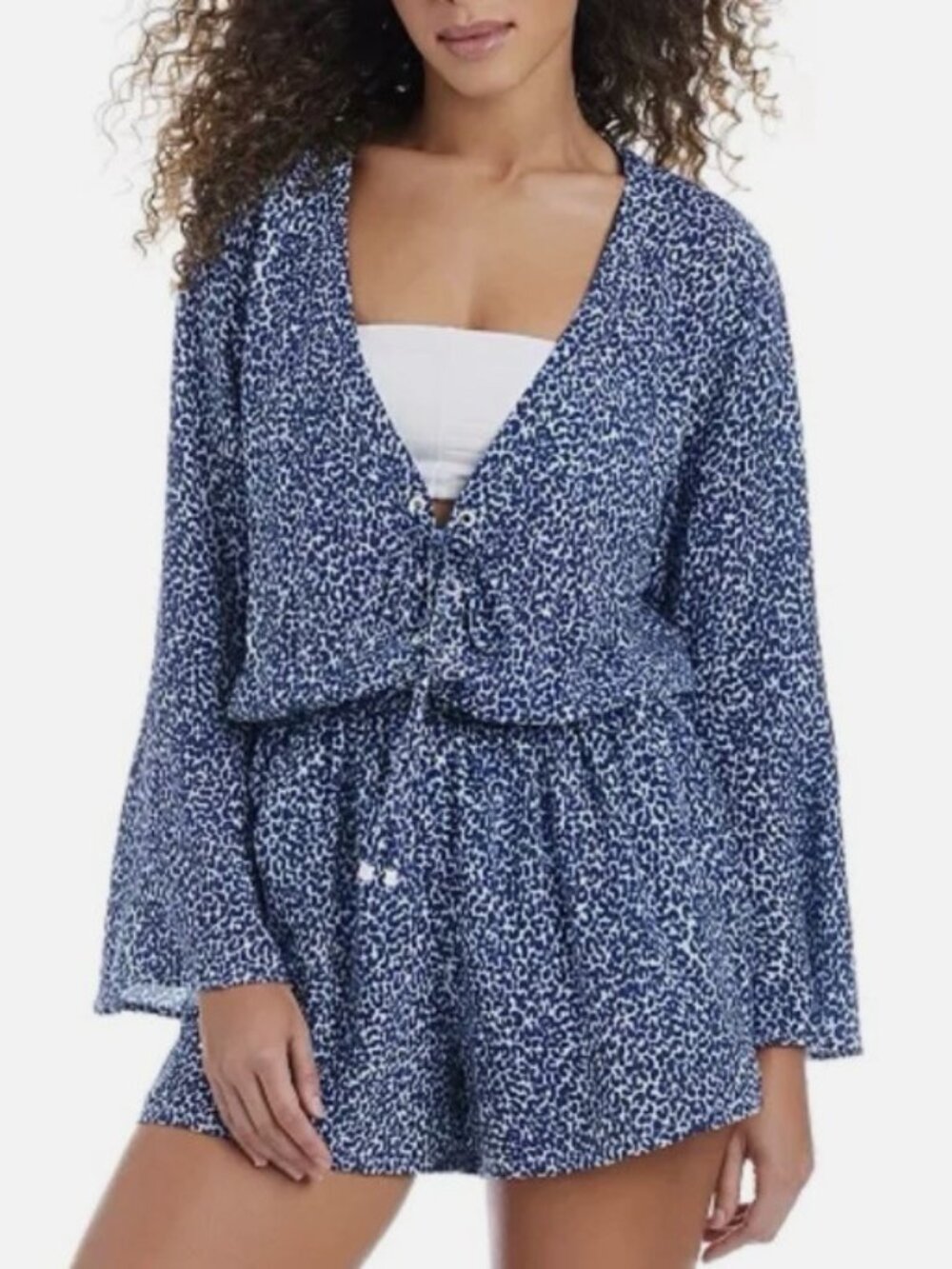 Bar III On The Prowl Long Sleeve Lace-Up Romper Swim Cover-Up, Large. $56